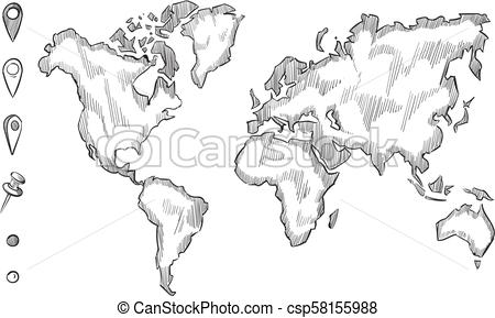 450x289 Hand Drawn, Rough Sketch World Map With Doodle Pins, Sketch World - Global Sketch