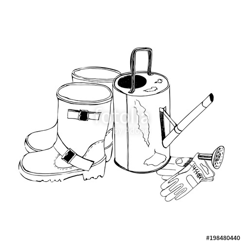 500x500 Sketch With Garden Gloves, Watering Can And Rubber Boots. Vector - Gloves Sketch