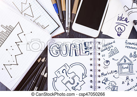 450x320 Copybook With Goal Sketch. Top View Of Messy Table With Sketches - Goal Sketch