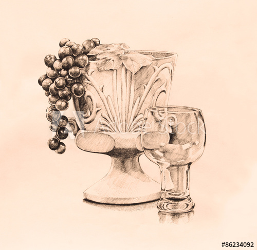 500x487 Vintage Style Sill Life Art In Pen And Ink Hand Drawn Sketch In - Goblet Sketch