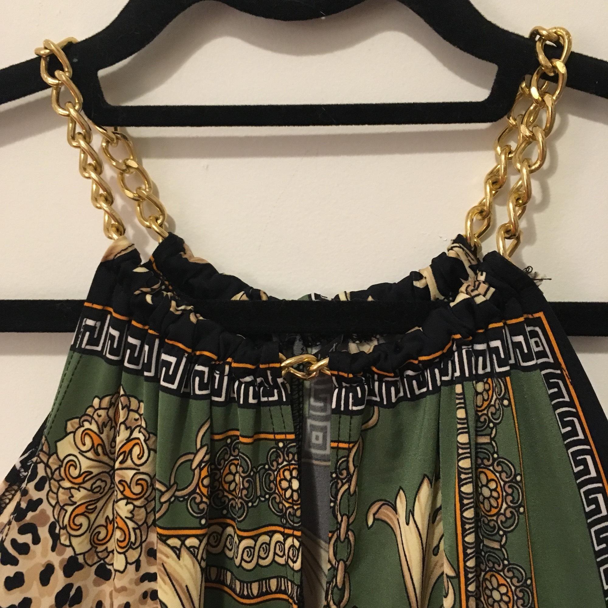 1999x2000 Blue Sketch Green Tan Black Ivory Printed With Gold Chain Halter - Gold Chain Sketch