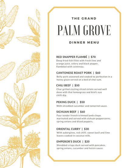 425x550 Gold Sketch Illustrations Bordered Dinner Menu - Gold Sketch