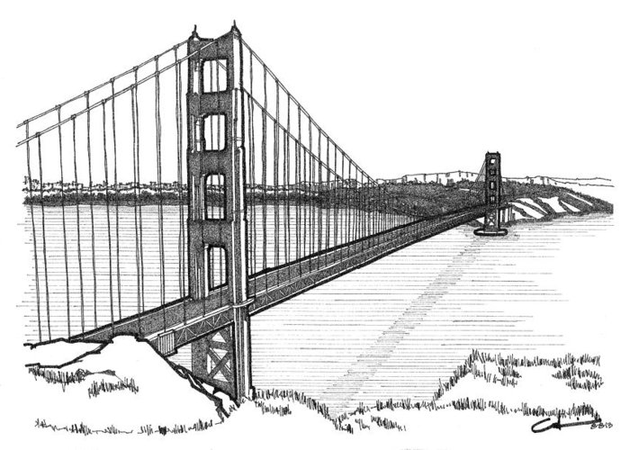 700x500 Golden Gate Bridge Greeting Card For Sale By Calvin Durham - Golden Gate Sketch