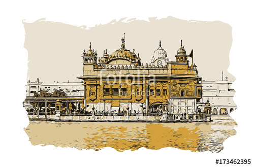 500x329 Vector Sketch With Color Of Golden Temple Amritsar Punjab, India - Golden Temple Sketch