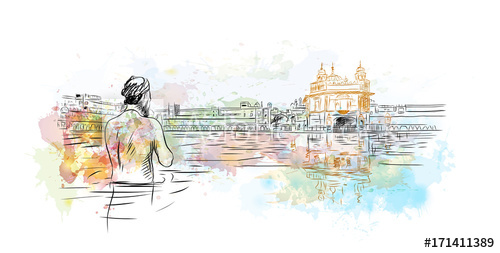 500x253 Watercolor Sketch Of Golden Temple Amritsar India In Vector - Golden Temple Sketch