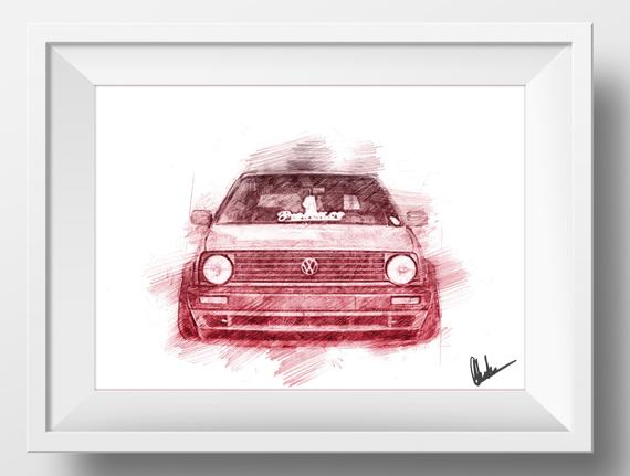570x431 Vw Volkswagen Golf Mk2 Gti Sketch Drawing Poster A4 Print For Etsy - Golf Sketch