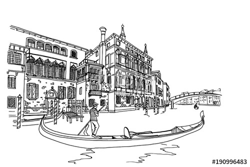500x334 Vector Sketch Of Scene In Venice With Channel, Gondola And - Gondola Sketch
