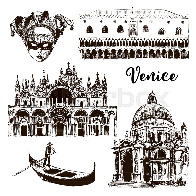 800x800 Venice Architectural Symbols Set Gondola, Carnival Mask, Palazzo - Gondola Sketch