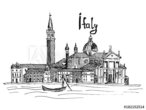 500x375 Sketch Italy Venice Quay Near The River Old Houses And Gondola - Gondola Sketch