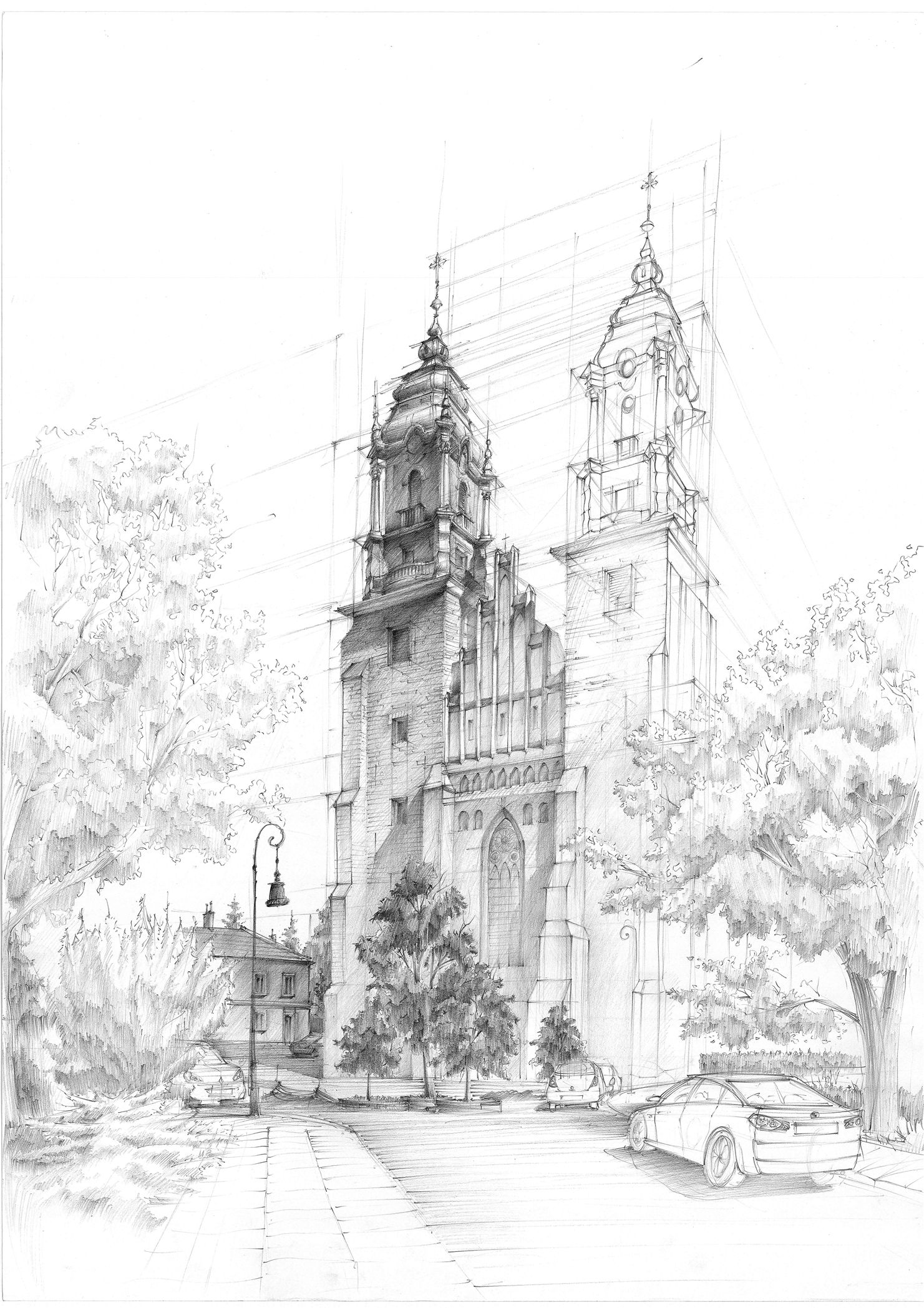 1481x2097 Poznan Gothic Cathedral Plain Air Drawing. Author Lena - Gothic Cathedral Sketch
