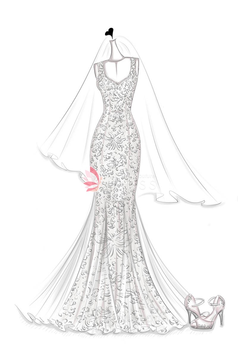 800x1200 Lace Appliques Tulle Godets Mermaid Floor Length Ivory Bridal Gown - Gown Sketch