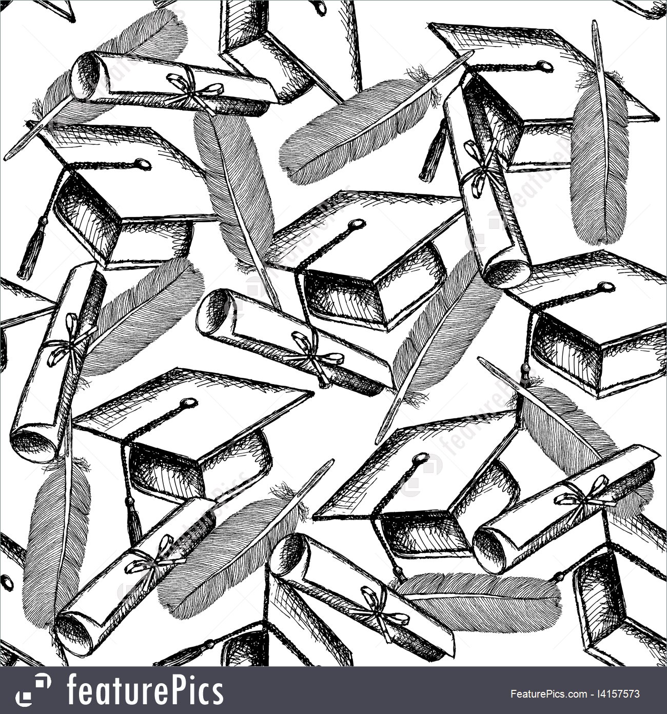 1300x1392 Illustration Of Sketch Graduation Hat, Diploma Scroll And Feather - Graduation Hat Sketch