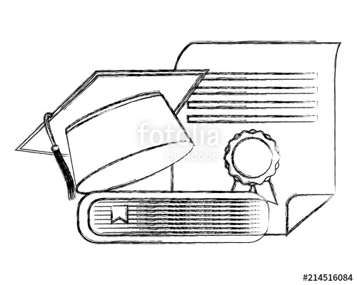 500x400 Graduation Hat And Stacked Book School Vector Illustration Sketch - Graduation Hat Sketch