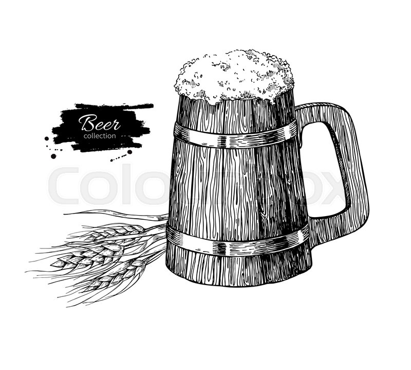 800x719 Wooden Beer Mug With Wheat Grain. Sketch Style Vector Illustration - Grain Sketch
