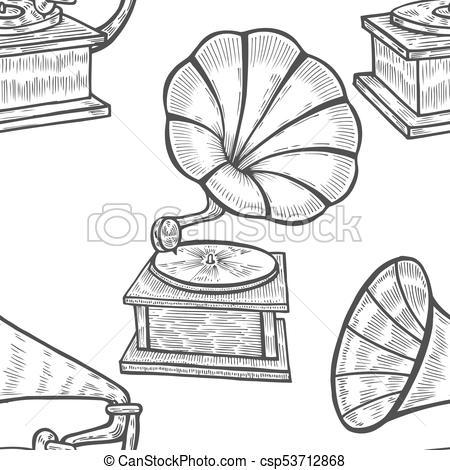 450x470 Seamless Background Of Hand Drawn Gramophone, Sketch. Music - Gramophone Sketch
