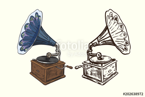 500x334 Vector Illustration Of Gramophone Or Phonograph Retro Musical - Gramophone Sketch