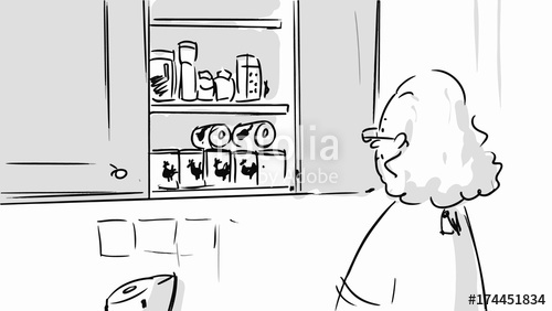 500x282 Granny Looking For Spices In The Kitchen Cabinets Vector - Granny Sketch