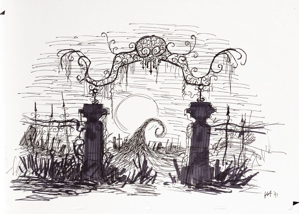 973x699 Graveyard Gate Concept Sketch From The Nightmare Before Christmas - Graveyard Sketch