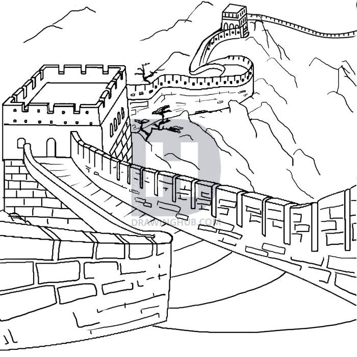 700x700 How To Draw The Great Wall Of China, Step By Step, Drawing Guide - Great Wall Of China Sketch