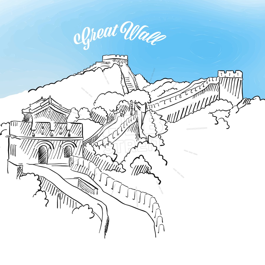 900x900 Sketch Of Great Wall In China Hebstreits - Great Wall Of China Sketch