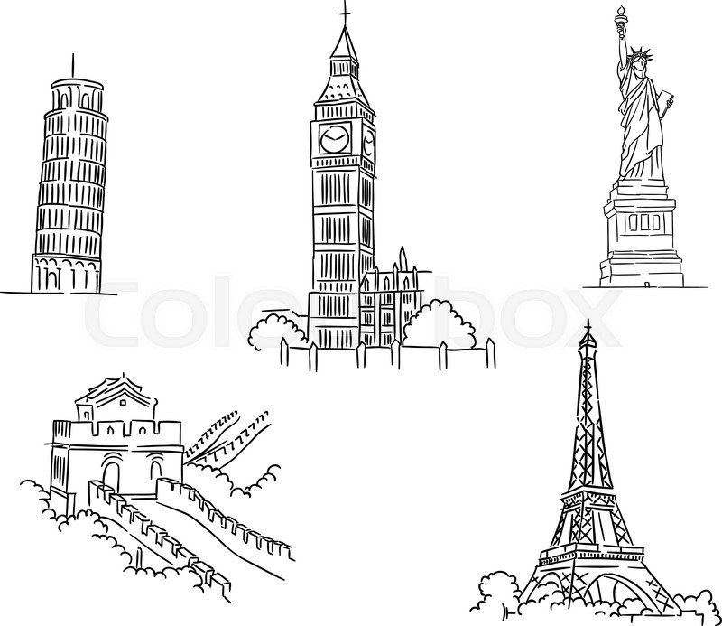 800x693 Black And White Sketch Set Of Famous World Landmarks Including The - Great Wall Sketch