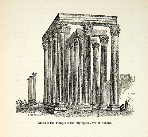 482x445 1898 Wood Engraving Temple Olympian Jove Athens Greece - Greek Temple Sketch