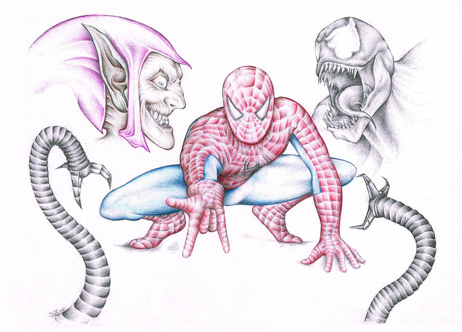 900x647 Marvel Spiderman Green Goblin And Venom Drawing By Steven Davis - Green Goblin Sketch