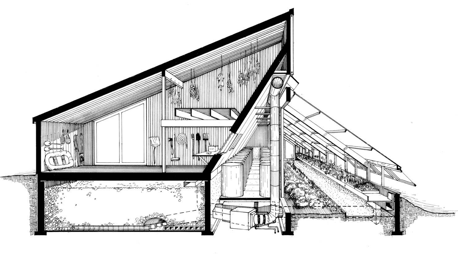1481x821 The Ark Section Perspective Of Barn, Rock Heat Storage - Greenhouse Sketch