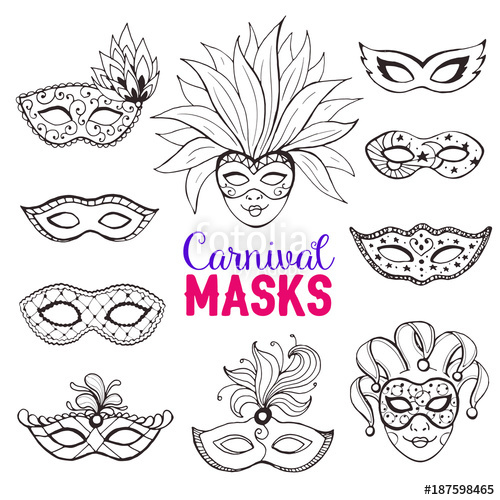 500x500 Hand Drawn Carnival Masks Collection In Line Art Style. Masqeurade - Greeting Card Sketches