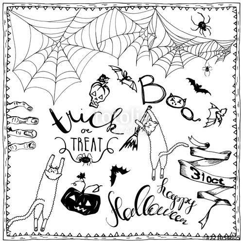 500x500 Set Of Halloween Hand Drawn Elements, Lettering And Zombee Teeth - Greeting Card Sketches