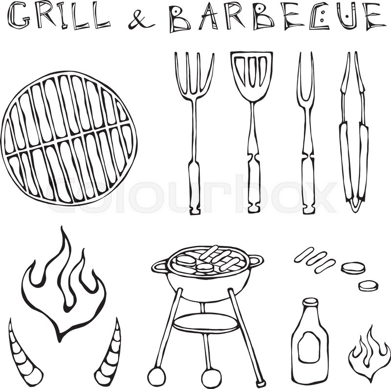 800x797 Set Of Barbecue Tools Bbq Fork, Tongs, Grill With Meat, Fire - Grill Sketch