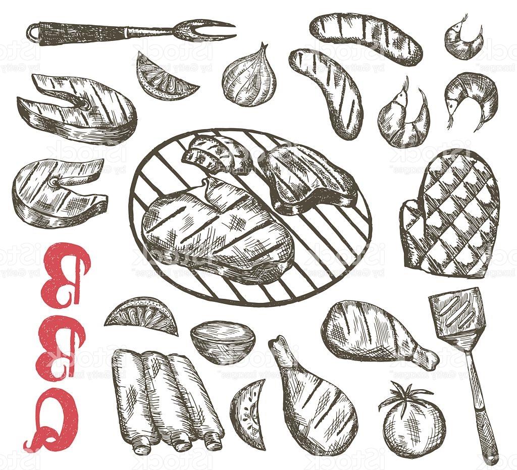1024x931 Top 10 Grill Sketch Food Set Bbq Is Sausages Ribs Shrimp Vector - Grill Sketch