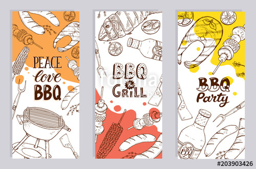 500x331 Bbq And Grill Banners With Sketch Objects. Hand Drawn Barbecue - Grill Sketch