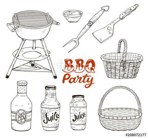 500x466 Bbq Party. Hand Drawn Outdoor Grill Isolated On White Background - Grill Sketch