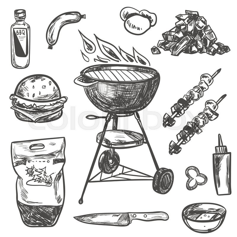 800x800 Bbq Grill Sketch Set. Hand Drawn Barbecue Collection Stock - Grill Sketch