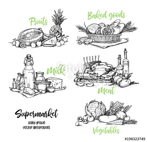 500x482 Hand Drawn Vector Illustration. Collection Of Supermarket Products - Grocery Sketch
