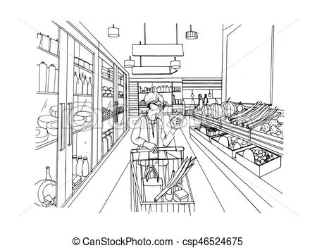 450x352 Supermarket Interior With Shopper Girl. Grocery Store, Hand Drawn - Grocery Sketch