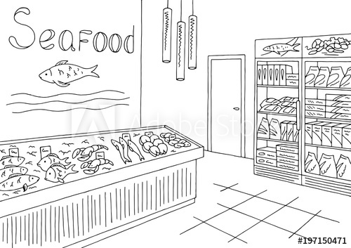 500x353 Grocery Store Graphic Seafood Fish Shop Interior Black White - Grocery Store Sketch