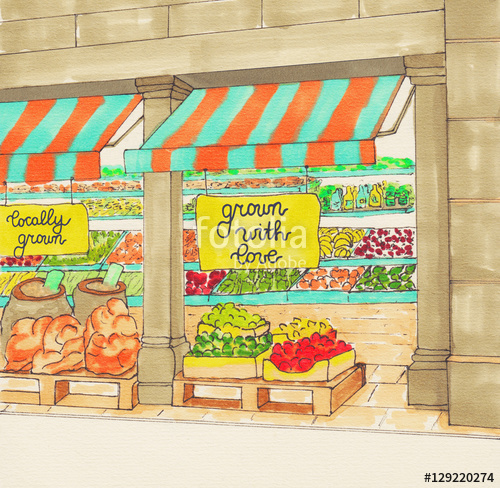 500x488 Supermarket, Farmers Market, Village Market. Local Produce. Fresh - Grocery Store Sketch