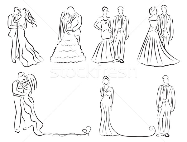600x455 Silhouette Of Bride And Groom Set, Newlyweds Sketch, Hand Drawing - Groom And Bride Sketch