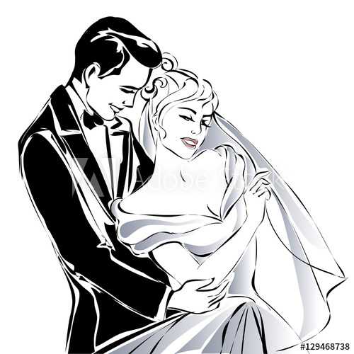 500x500 Wedding Couple, Happy Bride And Groom Sketch Invitation Vector - Groom Sketch