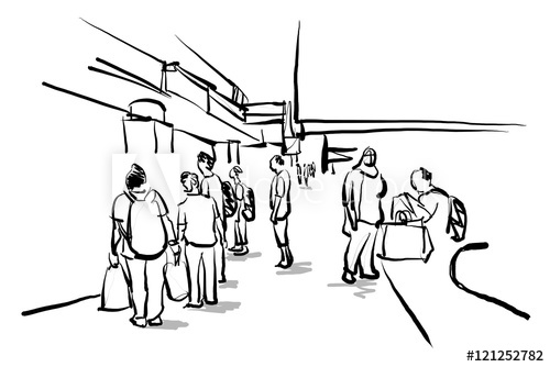 500x334 Group Of People Walking In Urban Scene Free Hand Sketch - Group Of People Sketch