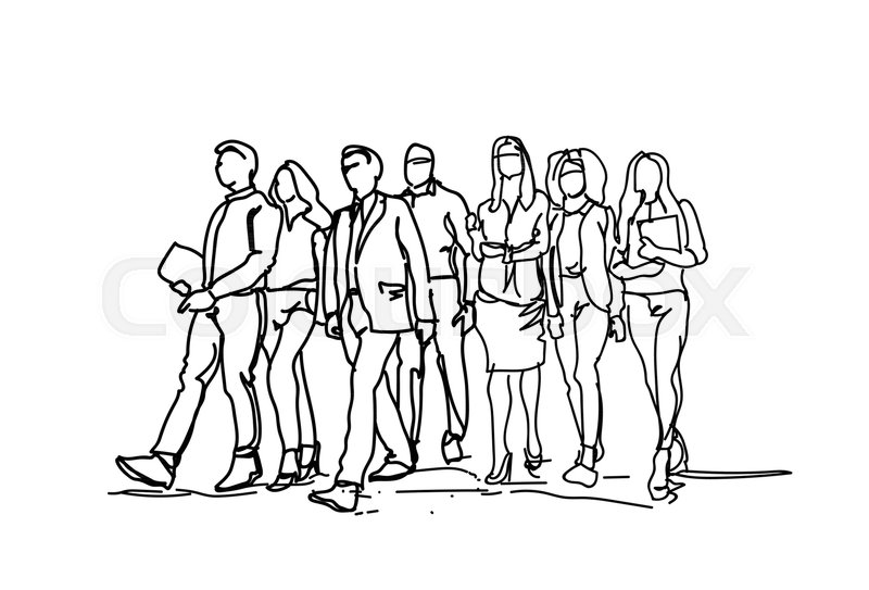 800x543 Group Of Hand Drawn Business People Walking Forward, Sketch - Group Of People Sketch