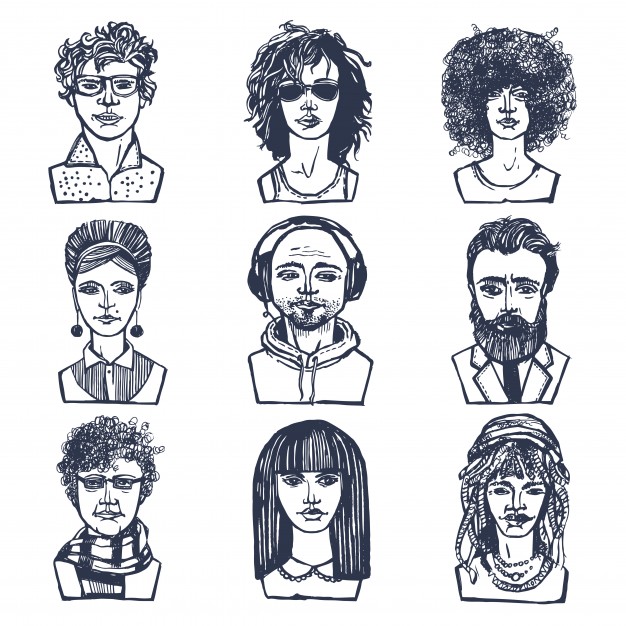 626x626 Sketch Grunge Males And Females People Portraits Set Isolated - Grunge Sketch