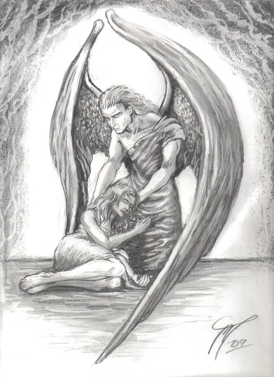 900x1238 Guardian Angel With Girl Tattoo Sketch - Guardian Angel Sketch