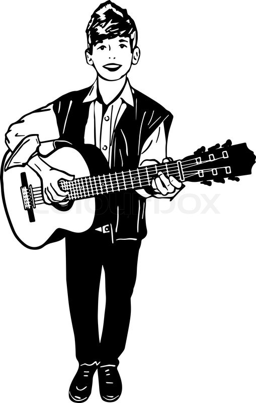 509x800 Black And White Vector Sketch Of A Boy Playing A Guitar Stock - Guitar Sketch
