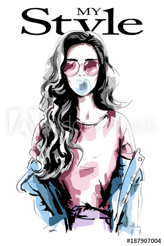 334x500 Hand Drawn Young Woman With Chewing Gum. Beautiful Woman Portrait - Gum Sketch