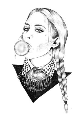 290x410 Drawing Of A Girl With A Braid Blowing A Bubble With Bubble Gum - Gum Sketch