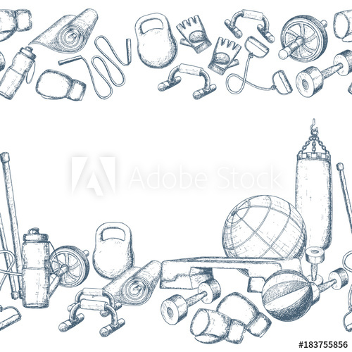 500x500 Seamless Horizontal Borders Of Fitness Accessories, Sketch Cartoon - Gym Sketch