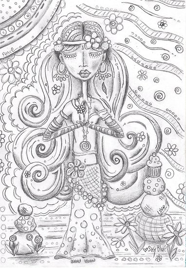 382x550 Yoga Gypsy Sketch Whimsical Folk Art Girl In Namaste Pose - Gypsy Sketch